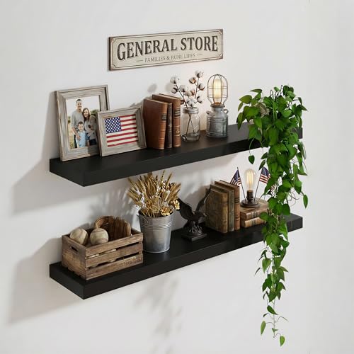 Image of IAE Floating Wall Shelves 24 inch,Bathroom Shelf Wall Mounted,Invisible Shelves Floating Kitchen Shelving,Wooden wall Shelf with Brackets for Living Room wall Mounted,Easy Install,Set of 2,Black