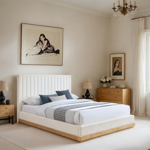 Meridian Furniture B1244Cream-F Emmet Collection Modern | Contemporary Full Bed with Soft Cream Chenille Fabric, Natural Oak Finish, Solid Wood Base, Tufted, 61.5\" W x 82.5\" D x 48.5\" H, Cream, Full