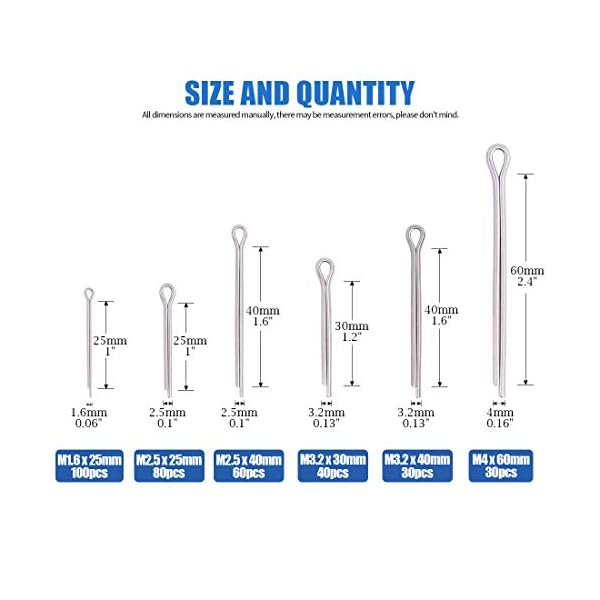 Glarks 340 Teile 6 Größen 304 Edelstahl Splinte Pin Clip Key Fastner Fitting Sortiment Kit für Automotive, Mechaniker… – Bild 3