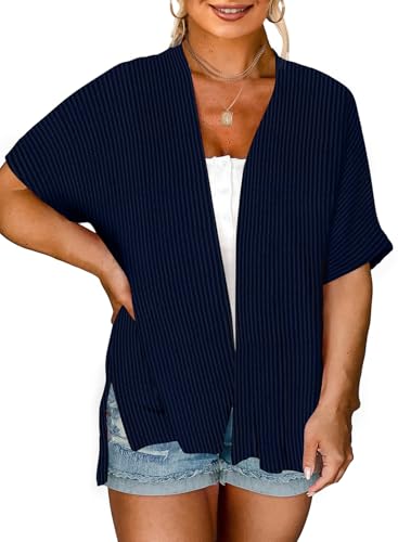 Image of Eytino Women Plus Size Lightweight Cardigan Half Sleeve Ribbed Knit Kimono Cardigans Tops(1X-5X)