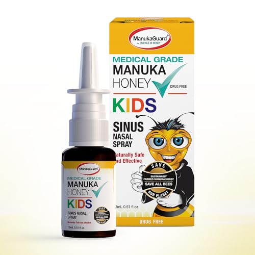 ManukaGuard Medical Grade Manuka Honey Kids Sinus Nasal Spray with Saline Solution for Nose Rinse, Sinus Congestion Support for Kid & Baby, Moisturizing, New Zealand Honey, MGO 400, 0.51 fl oz Bottle