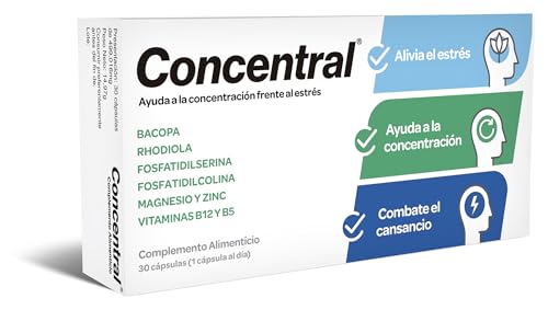 Concentral – 30 Cápsulas con Bacopa, Rhodiola, Fosfatidilserina, Fosfatidilcolina, Vitaminas B5 y B12, Magnesio y Zinc – Complemento Alimenticio para la Concentración y el Rendimiento Cognitivo