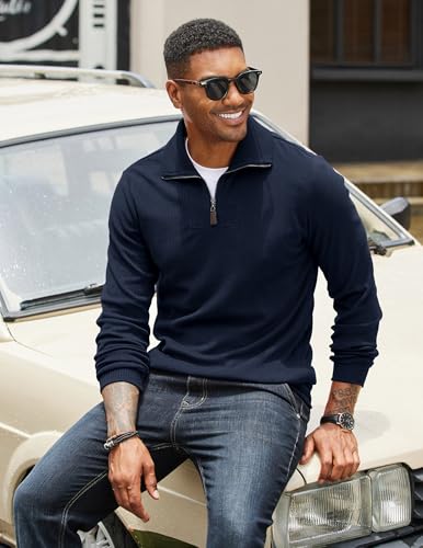 COOFANDY Men's Quarter Zip Up Pullover Mock Neck Long Sleeve Sweater Casual Corduroy Polo Sweatshirt - Image 4