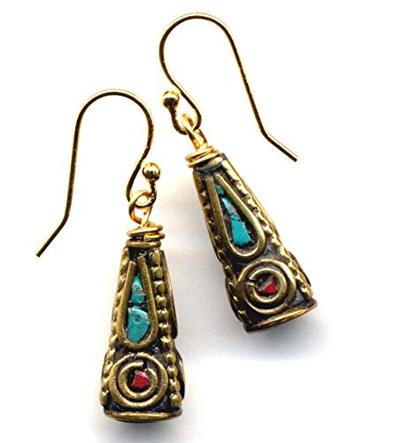 Tibet Earrings, Red Turquoise Earrings, Tribal Earrings, Nepal Earrings, 18 K Gold Filled Earrings, Coral Turquoise Tibet earrings by Annaart