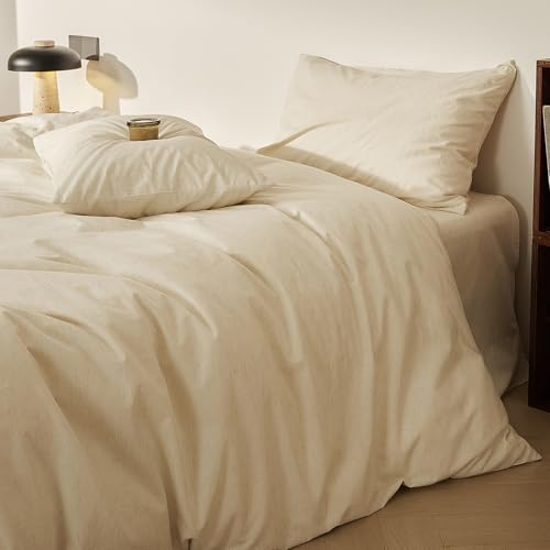 Image of mixinni 3 Piece Washed Cotton Linen Blend Duvet Cover Set King Size, Soft Breathable Farmhouse Beige Neutral Solid Duvet Cover with Natural Linen Texture, 104x90 inches with 2 Pillowcases