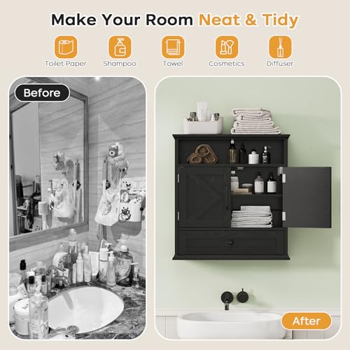 Image of Bathroom Wall Cabinet, Wall Mounted Medicine Cabinet 24.4 inchH x 23.6 inchW x 9 inchD | With Drawer, Barn Doors & Adjustable Shelf, Black Over Toilet Farmhouse Storage Cabinet for Kitchen, Laundry Room, Entryway