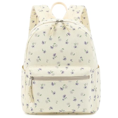 Mini mochila de veludo cotelê moderna pequena mochila casual para mulheres meninas viagens escolares, Flores de veludo cotelê roxo