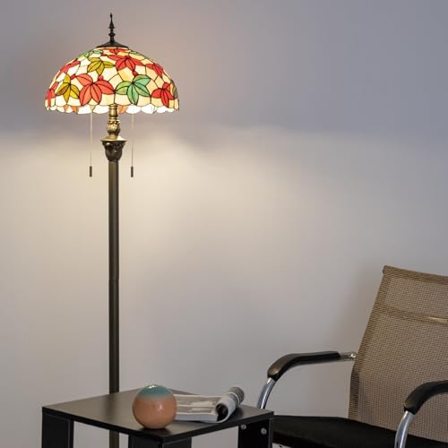 Image of Tiffany Floor Lamp, 16 inch Stained Glass Maple Leaf Shade with Antique Bronze Base, 2-Light E26 Pull Chain Standing Reading Light for Living Room Bedroom16x16x64 Inches (White Maple Leaf)