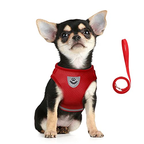 Image of Feimax Dog Harness and Leash Set, No-Pull Pet Vest Harness Soft Breathable Mesh Padded Chest Strap for Puppy and Cat, Reflective Adjustable Easy Control Harness for Small and Medium Dogs (S, Red)