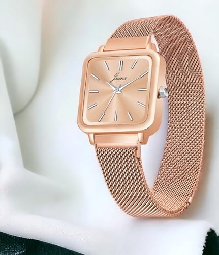 Image of jainx Square Dial Rose Gold Mesh Chain Analog Wrist Watch for Women (Rose Gold /Brown /Black /Silver /Green Color Dial)