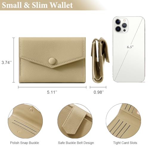 Small Genuine Leather Wallet for Women 10 Card Slots 1 ID Window 2 Coin Pockets Black (BEIGE)3