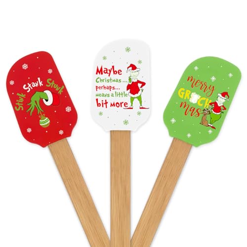 Funny Christmas Silicone Spatula, Holiday Baking Gifts for Bakers, 3 Pcs Xmas Spatula with Wooden Handle, Cute Christmas Kitchen Gift Set for Cooking Baking, White Elephant Gift for Mom Wife Sister