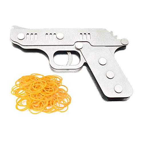 TIETHEKNOT Pistolet pliable en acier inoxydable - 12 élastiques en caoutchouc par lot - Mini jouets de tir avec 100 élastiques en caoutchouc Cover