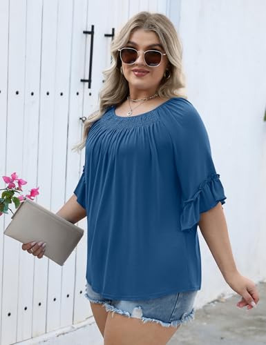 Image of Micoson Womens Plus Size Tops 3 /4 Ruffle Sleeve Crewneck Pleated Shirts
