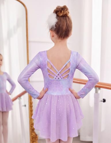 Image of Arshiner Girls Long Sleeve Ballet Leotards with Shinny Skirts Criss-Cross Back Dance Dresses