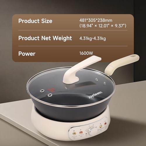 Joydeem 5Qt Electric Skillet, Pure Iron Nonstick Frying Pan with Glass Lid & Steamer Rack, 1600W 3-Level Heat Control, Removable Pot, Family-Sized Cooker for Boil Steam Sauté, 11.81inch - Thumbnail 7
