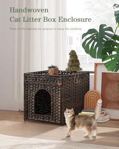 Image of SETVSON Cat Litter Box Enclosure, PE Rattan Hidden Kitty House, Brown | PE Rattan Kitty House with Mat & Fence, 2 S-Hooks, Metal Frame, 18.5x20.5x19.1 In Hidden Litter Cabinet
