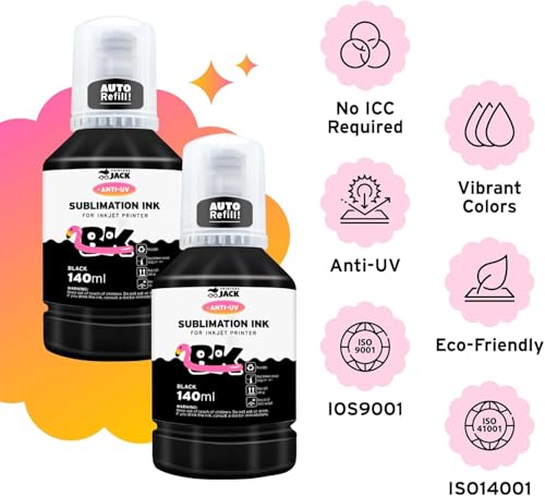 Image of Printers Jack Sublimation Ink for Supertank Inkjet Printers ET-2800 ET-2803 ET-2720 ET-2760 ET-3760 ET-4700 ET-4800 ET-7720 ET-2400 Heat Press Transfer on T-Shirt Mug Mask Printer(Autofill /Anti-UV)