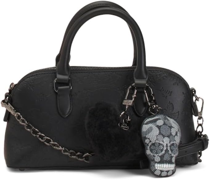 Betsey Johnson East West Satchel with Charms, Dual Top Handles, Adjustable Detachable Shoulder Strap, 11.5in W x 6in H