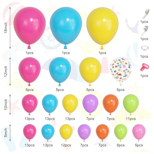 Image of Ouddy Life 157 Pcs Tropical Balloons Arch Garland Kit, Hot Pink Blue Yellow Lime Green Orange Purple Rainbow Colorful Balloon Different Size for Summer Hawaiian Luau Aloha Birthday Party Decorations