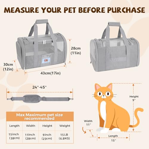 Cat Carrier Soft for Pets Up to 15 Lbs, Cat Travel Bag with Padded Shoulder Strap and Detachable Cat Food Bowl, Pet Dog Carriers for Small Dogs Travel Puppy Carry Airline Approved, Grey - Image 3