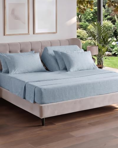 Image of Flex Top Split Head King 6 Piece Sheet Set - Cooling - Heathered Blue | Ultra Soft Hotel Luxury Bedding Set w / 8-16 Inch Deep Pockets, 1 Flat & 1 Split-Head Fitted Sheet & 4 Pillowcases, Fade Free