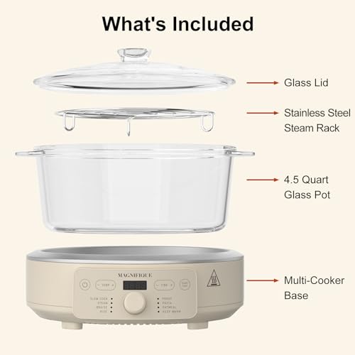 Image of MAGNIFIQUE Slow Cooker, 4.5 Quart 8-in-1 Glass Pot Multi-Cooker, Non-Toxic Slow Cooker with Removable Borosilicate Glass Pot, for Rice, Pasta, Steam & Proof, Oatmeal