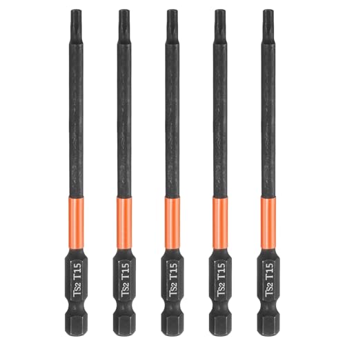 sourcing map 5pcs T15 Torx Head Screwdriver Bit 4" (100mm) Long 1/4" Hex Shank Magnetic No Hole Tamper Proof 6 Point Star Screw Driver Drill Bits Phosphate S2 Steel Industrial Power Tools