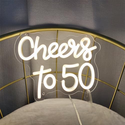 Image of Cheers to 50 Years Neon Sign 50th Anniversary Decorations, LED Lights Sign 50th Birthday Decorations for Living Room Bedroom Bar Birthday Wedding Party Decor, 9.4 inch x 7.9 inch