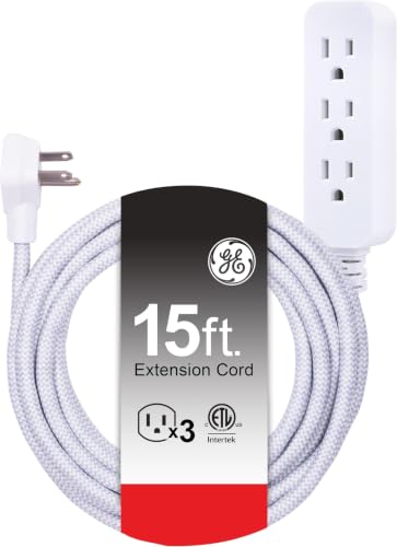Image of GE 3-Outlet Power Strip Braided Extension Cord with Multiple Outlets Grounded Flat Plug ETL Listed White 40530, 15 Ft (Pack of 12)