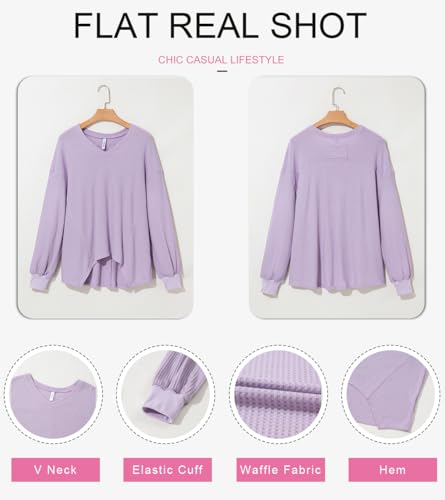 Image of Dokotoo Womens Waffle Knit Tops Trendy Fashion 2026 Oversized T Shirts | Lightweight,V Neck,Casual,Batwing Sleeve,Loose Fit,Irregular Hem,Boyfriend Style,Oversized,Fall Outfits