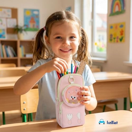 Image of FunBlast Pencil Pouch for Kids, Girls - Large Capacity Multipurpose Stationery Zipper Pouch with Coin Pouch for Kids & Adults, Kawaii Aesthetic Pencil Case Organizer, Cute School Supply Bag (Pink)