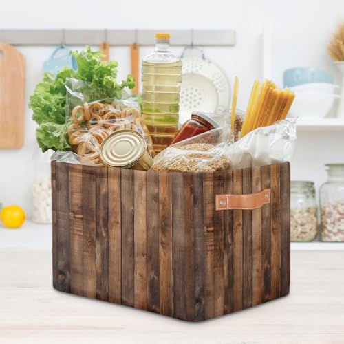 Image of Rustic Wooden Board Storage Baskets for Organizing, Fabric Collapsible Storage Bins Box Retro Decorative Toy Organizer Baskets for Closet Shelves Gift Basket 1 Pc