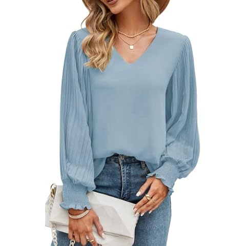 Odosalii Women Tops, Sexy V-Neck Long Sleeve Tops Elegant Chiffon Shirts Smart Tops Casual Loose Jumper Top Blouses (Grey Blue,Medium) Cover