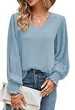 Women's Long Sleeve Shirts,Sexy V-Neck Loose Dressy Casual Tops Elegant Plain Chiffon Blouses Trendy Fall Tops to Hide Belly Wedding Guest Shirts Grey Blue