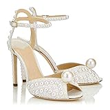 Echtes Leder. XIANGGAO Klassische Knöchelriemchen Sandalen für Frauen Dekor mit großen Perlen Peep Toe Schuhe Echtes Leder Verstellbarer Riemen High Heel (Color : Weiß, Size : 40 EU)