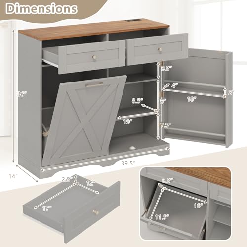 Giantex-Tilt-Out-Trash-Can-Cabinet-925-Gallon-Kitchen-Island-with-Power-Outlet-2-Drawers-Adjustable-Shelves-Hidden-Storage-Garbage-Bin-Cabinet-for-Laundry-Room-Dining-Room-GreyWalnut Giantex Tilt Out Trash Can Cabinet 925 Gallon Kitchen Island with Power Outlet 2 Drawers Adjustable Shelves Hidden Storage Garbage Bin Cabinet for Laundry Room Dining Room GreyWalnut