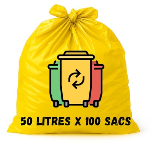 SANYGIENE | Sac Poubelle Jaune 50 Litres X 100 Tri Sélectif (680 x 750 mm) | Carton de 100 Sacs Jaunes (4 rouleaux de 25 Sacs) | Très Résistant (30 µ) |...