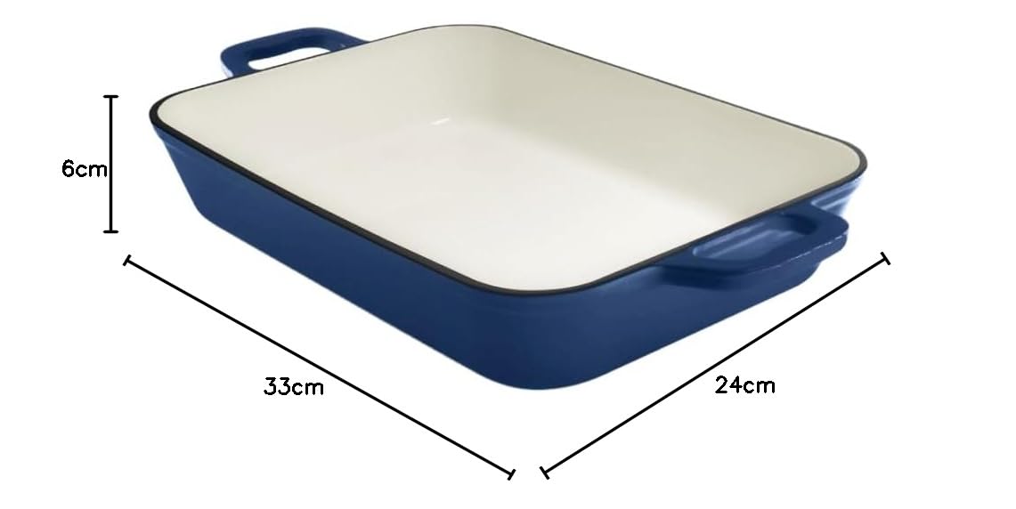 Cazuela Rectangular de hierro fundido esmaltado para Lasaña, Platos para Horno - Molde para Gratinar Fuente de Cocinar elegante y minimalista con revestimiento de esmalte - 3,2 L, Azul