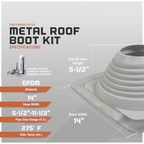 Image of Fasteners Plus #7 Square EPDM Metal Roof Pipe Flashing Boot | with Complete Install Kit (Fits 5-1 /2 inch - 11-1 /2 inch Pipe OD), Gray