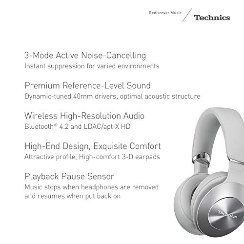 Technics Premium Hi-Res Wireless Bluetooth Stereo Headphones With 40 Mm Dynamic-Tuned Drivers, 3-Mode Active Noise Cancelling, Ambient Sound Enhancer And Playback Pause Sensor - Eah-F70N-S (Silver) #TOP1