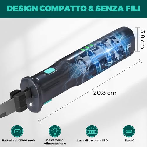 HAUSHOF Coltello Elettrico a Batteria con Coltello da Pane 18cm, Coltello da Bistecca 20cm e Forchetta, Coltello da Cucina Batteria 2000mAh, Ideale per Affettare Cotolette, Pane, Formaggio - Nero - immagine 4