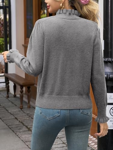 Image of Womens Ruffle Mock Neck Sweater Puff Long Sleeve Fall Trendy Pullover Tops | Fall Winter Clothes, Soft, Business Casual Outfits, Trendy Fashion, Knitted Shirts