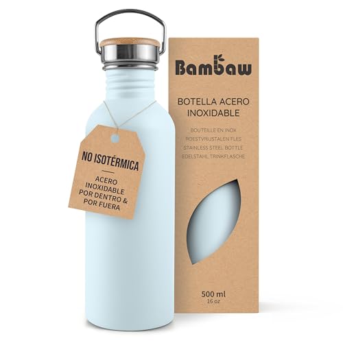 Bambaw Botella agua acero inoxidable 500ml No Térmica, Botella de agua azul claro, Botella agua niños, Botella agua gimnasio, Botella reutilizable – Azul celeste