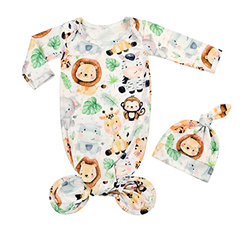 Image of Terriboo Newborn Baby Boy Knotted Gown Long Sleeve Sleeper Gown Coming Home Outfit Nightgown Pajamas Hat Set (Animal)