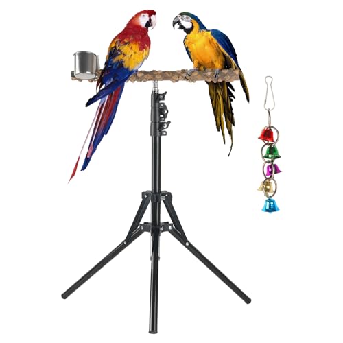 Adjustable Bird Perch Stand 16-62 Inch Height Adjustable Bird Training Perch Stand with Feeding Cups and Swing Toy Natural Pepper Wood Parrot Perch Toy for Small Medium Birds Indoor Outdoor Use