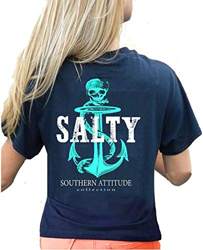 Southern Attitude Pirate Anchor Navy Preppy Women's Short Sleeve Tee Shirt (Large)