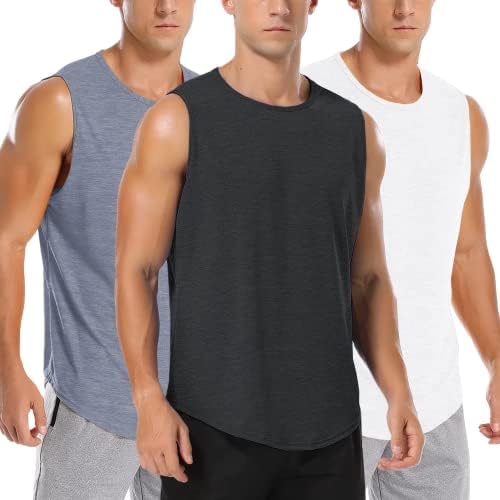 Amussiar Men's Moisture Wicking Tank Top Fitness Workout Bodybuilding Muscle Shirts Mesh Sleeveless Gym Shirts (Black/Grey/White Large)