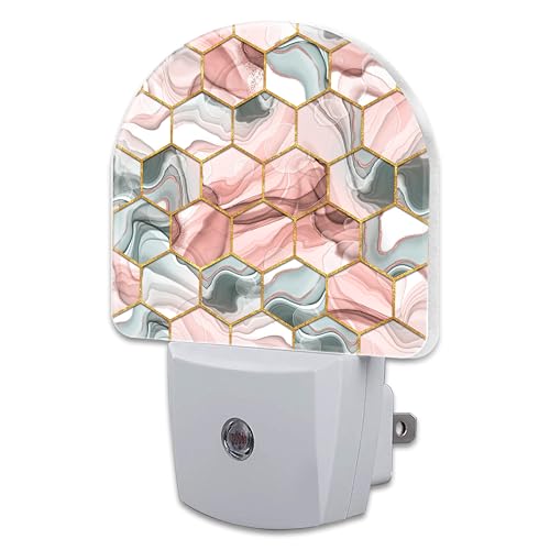 Image of Red Gray Hexagon Marble Night Light Plug into Wall, Abstract Gold Liquid Marble Dusk to Dawn Night Light Plug in,0.5w Energy Saving Sleep Friendly NightLight for Kids Boys Girls Home Decor