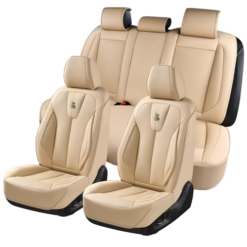 Image of Universal Leather Seat Covers Full Set, Waterproof Seat Cover for Cars 5 Seats, Luxury Leather Car Seat Cushion, Front and Rear Protectors Automotive Seat Covers for Most Cars SUV Pick-up, Beige